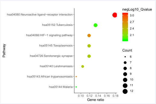 Figure 6 KEGG pathways analysis of 47 target genes were sorted according to P < 0.01 and FDR < 0.05.