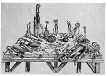 Figure 16: The necessary instruments to perform autopsies (the border of the table is provided with rings to tie up living animals for vivisections (De humani corporis fabrica, V, plate III, fig. XX). There cannot be any doubt that just this innovation was so fundamental as to be considered as the real Vesalius’ “anatomical revolution”, which was the premise of the creation of the “anatomical theatres” like that of the University of Padua, devised, paid and illustrated by Gerolamo Fabrizi of Aquapendente (15377-1619) (Figure 17).