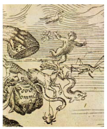 Figure 22: Te most important particular of the front page of Harvey’s De generatione animalium: it represents Jupiter’s hands that are opening an egg bearing the inscription “Ex ovo omnia” (Everything from an egg), from which all animals (man included) come out. 