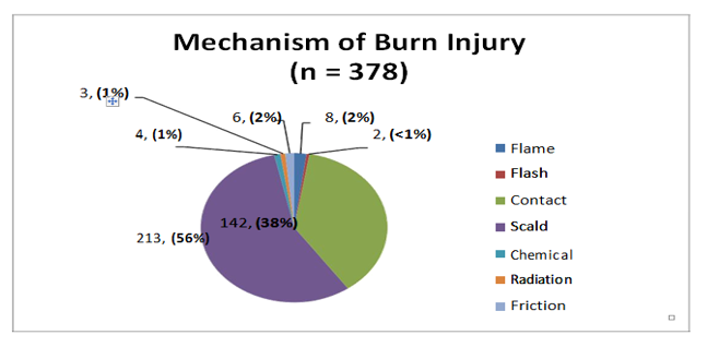 Figure 2: Mechanism of Burn Injury in the study group. Scald and Contact burns were the most common mechanisms