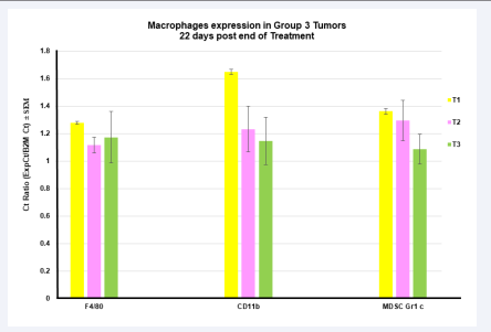 Figure 6 Expression of macrophages markers in the indicated tumors twenty two days post end of treatment. Data are expressed as a ratio of Ct value of the indicated marker over B2M Ct value which was in average 17.1. Error bars represent Standard error of the mean.