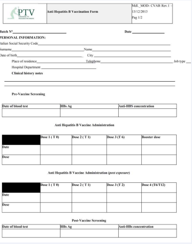 First page of routine Anti-Hepatitis B Vaccination Form.
