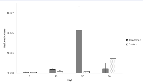 Average relative abundance of fecal Lactobacillus using qPCR in subjects who Consumed a probiotic pill daily for the first 30 days (treatment group, n=8), and in subjects who did not consume the probiotic pill (control group, n=7). Error bars represent standard deviation.