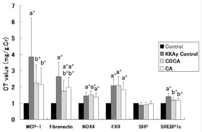 mRNA levels in renal cortex at 22 weeks of age in C56BL/6J (control) mice, KKAy mice without drugs (KKAy control), and KKAy mice  treated with CDCA or CA. mRNA levels were evaluated by comparative CT method, and are expressed as ratio vs. C56BL/6J (control) mice MCP-1: monocyte chemoattractant protein-1; NOX4: nicotinamide adenine dinucleotide phosphate oxidase 4; FXR: farnesoid X receptor; SHP: small  hetelodimer partner; SREBP1c: stimulating sterol regulatory element-binding protein 1c. a*, b* indicates significant difference vs. control (C56BL/6J) and KKAy control mice, respectively. Data are shown as means ± SD