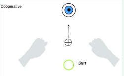 Cooperative virtual object transport: One cursor is shown between  the index finger positions. A single start position and target for each trial.  Subjects are to bring the cursor from the start position to the target, using both  hands.