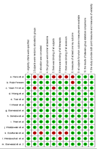  Risk of bias by study and criterion: Review authors´ judgements about each risk of bias item for each.