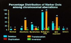 Based on computations of clear metaphases and counting of type of aberrations in each kind of patients and controls this figure displays a  comparative picture of distribution of Marker Dots (MDS) . In all categories of subjects/ persons studied the aberration -translocation appears to be  by and large more associated with “release of chromatin material”.