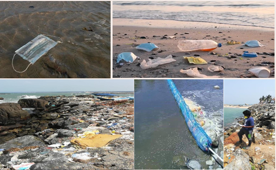 Photographs of face masks, medical gloves, and other waste are a threat to oceans.