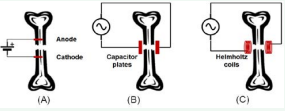 Electrical stimulation methods: (A) DC current using two electrodes  and a battery, (B) capacitive coupling using two capacitor plates, and (C)  inductive coupling using Helmholtz coils and a power source.