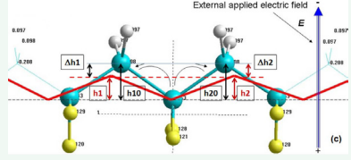 (c) – PVDF chain deformation under applied electrical field: red color line show the deformed PVDF chain skeleton after relaxation in the applied external electric field E.