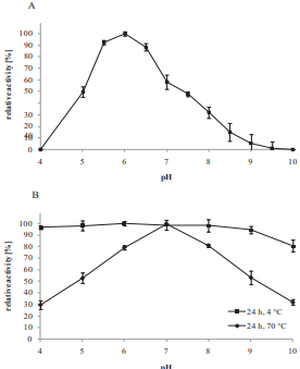  Influence of pH on the activity and stability of Xyn10. (A)  Relative activity was measured at 95 °C in the range of pH 4.0-10.0  (50 mM Britton-Robinson buffer) for 15 min using 0.5 % oat spelt xylan (w/v) as substrate. The value at pH 6.0 was considered as 100 %.  (B) pH stability was investigated by determining residual activity after  24 h of incubation at pH 4.0-10.0 (50 mM Britton-Robinson buffer) at  4 °C and 70 °C. Subsequently, the activity assay was conducted at pH 6  using 0.5 % oat spelt xylan (w/v) as substrate, the hydrolysis-assay was  done for 15 min at 70 °C. The measured values without incubation were  considered as 100 %. 
