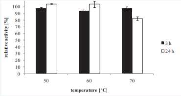 Thermal stability of Xyn10.  After incubation of the protein at 50-70 °C for 3-24 h the residual activity was determined using 0.5 % oat spelt xylan (w/v) as substrate. Hydrolysis  was conducted at 95 °C for 15 min in 50 mM maleate buffer, pH 6.0. Detected relative activity without preceding incubation was set to 100 %