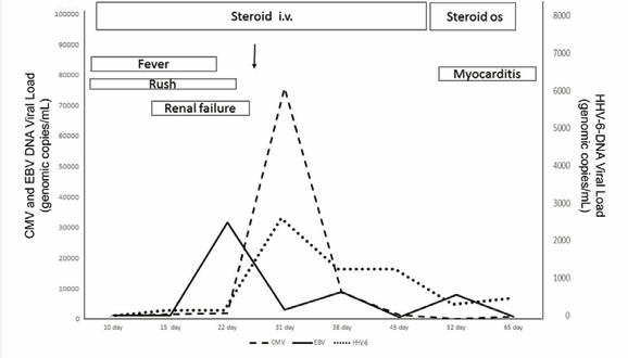 Clinical course of DRESS.  Graphic description of the disease course, showing symptoms (fever, rash) and complications (renal failure and myocarditis), steroid treatment and  serum viral load of cytomegalovirus (CMV), Epstein Barr virus (EBV) and Human Herpes Virus  6 (HHV6).