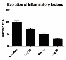 Evolution of Inflammatory lesions and use of BR. A statistical  significant reduction of lesions numbers was observed starting from  day 30 in comparison with baseline value. At day 90 mean lesion  number was 70% less than baseline value.