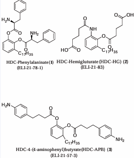 Structures of HDC-Phenylalaninate (ELI-27-78-1) (1),  HDC-Hemigluturate (HDC-HG) (ELI-21-83) (2), and HDC-4-(4 aminophenyl) butyrate (HDC-APB) (ELI-21-57-3) (3).