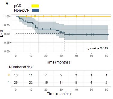 Figure 4: Kaplan-Meier curve for DFS and OS according to the type of pathological response (pCR vs. non-pCR). a) DFS b) OS. The yellow line symbolizes patients with pCR, while the blue line symbolizes patients with non-pCRP values obtained in the log-rank test.