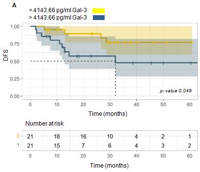 Figure 6: Kaplan-Meier curves for statistically significant DFS. a) sGal-3 b) sIL-10 c) sTIM-3. Soluble markers values were dichotomized with respect to the median. The yellow line symbolizes lower levels of soluble biomarkers, while the blue line represents higher levels. P values obtained in the log-rank test