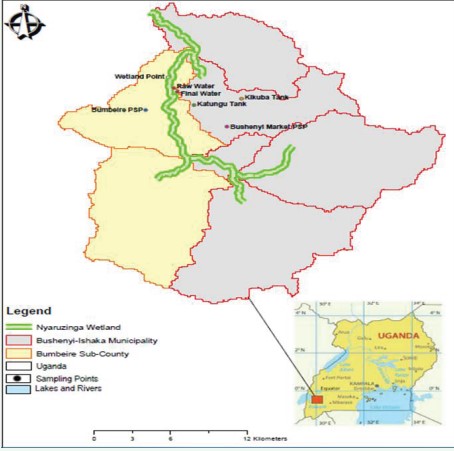 Figure 1: Map showing location of Bushenyi-Ishaka Municipality in Uganda, and the sampling points.