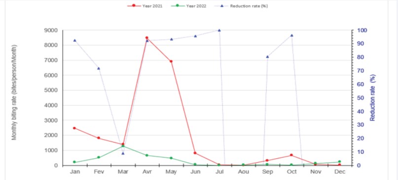 Figure 4: Monthly dynamics, of the Simulium blackfly, population before (2021) and during (2022) the implementation of << Slash and Clear vector control strategy associated to monthly percent reductions in biting rates recorded in 2022.